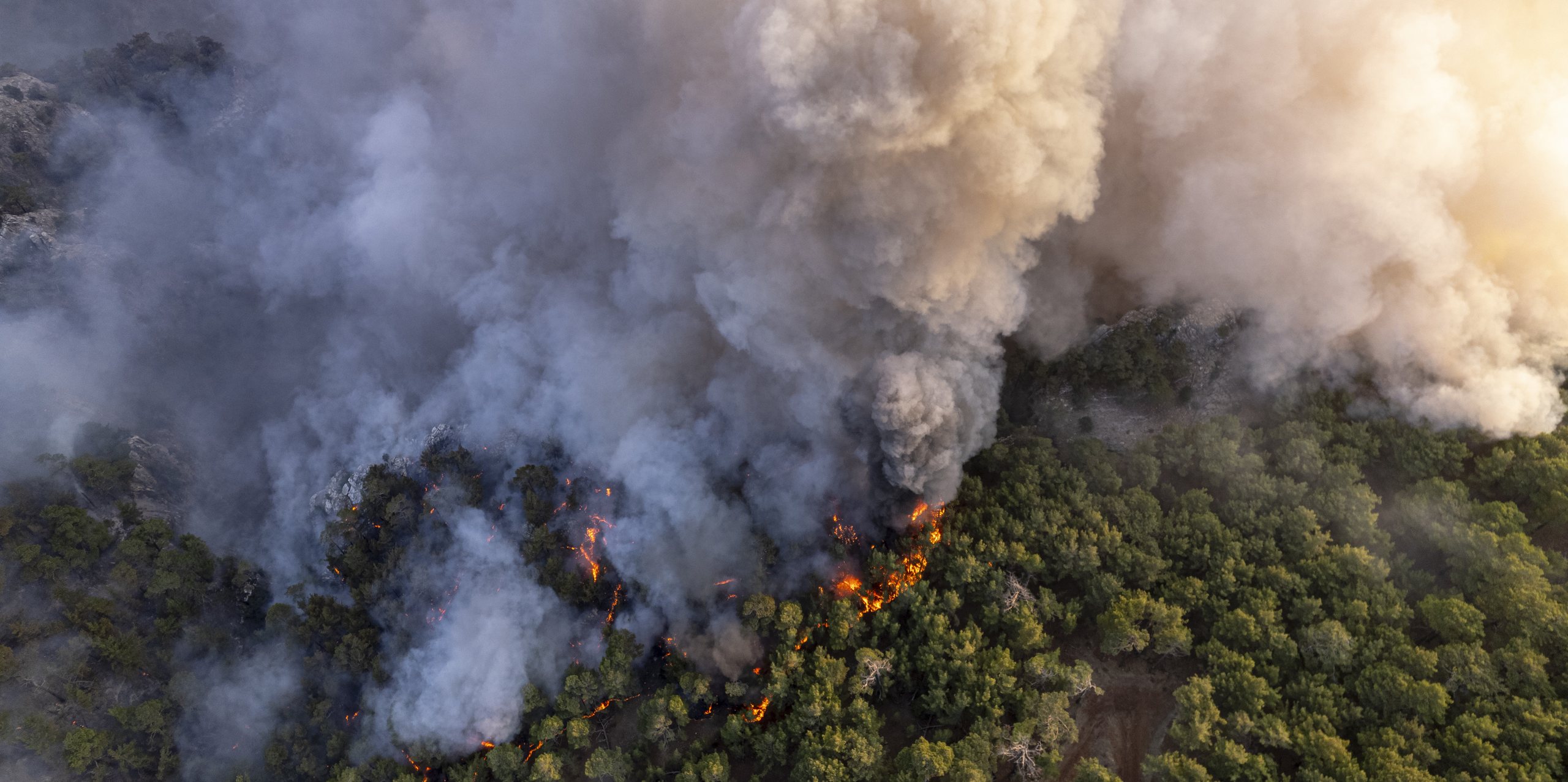 Pandangan udara kepulan asap kebakaran di atas tutupan hutan